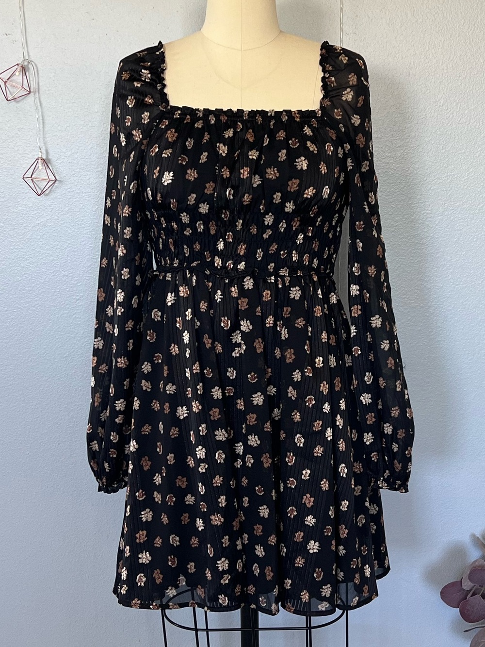 Melrose and Market Smocked Waist Black Floral Mini Dress XS